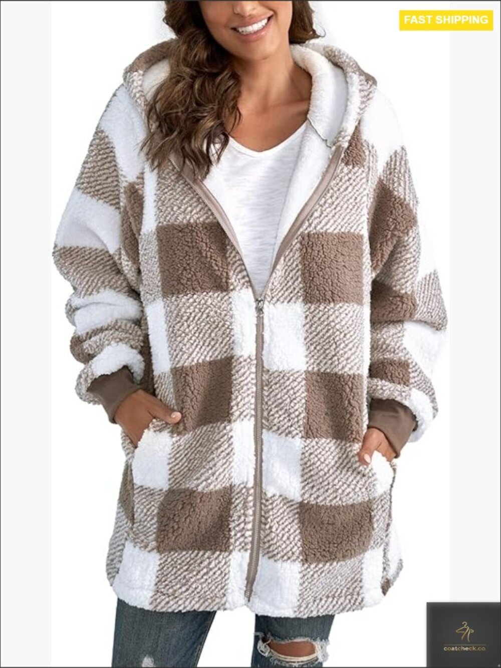 Oversized Sherpa Jacket Fuzzy Fleece Zip Up Warm Winter Coat Faux Fur with